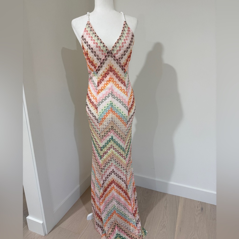 Missoni Inspired Summer Knit Colorful Herringbone Print Open Beck Maxi Dress